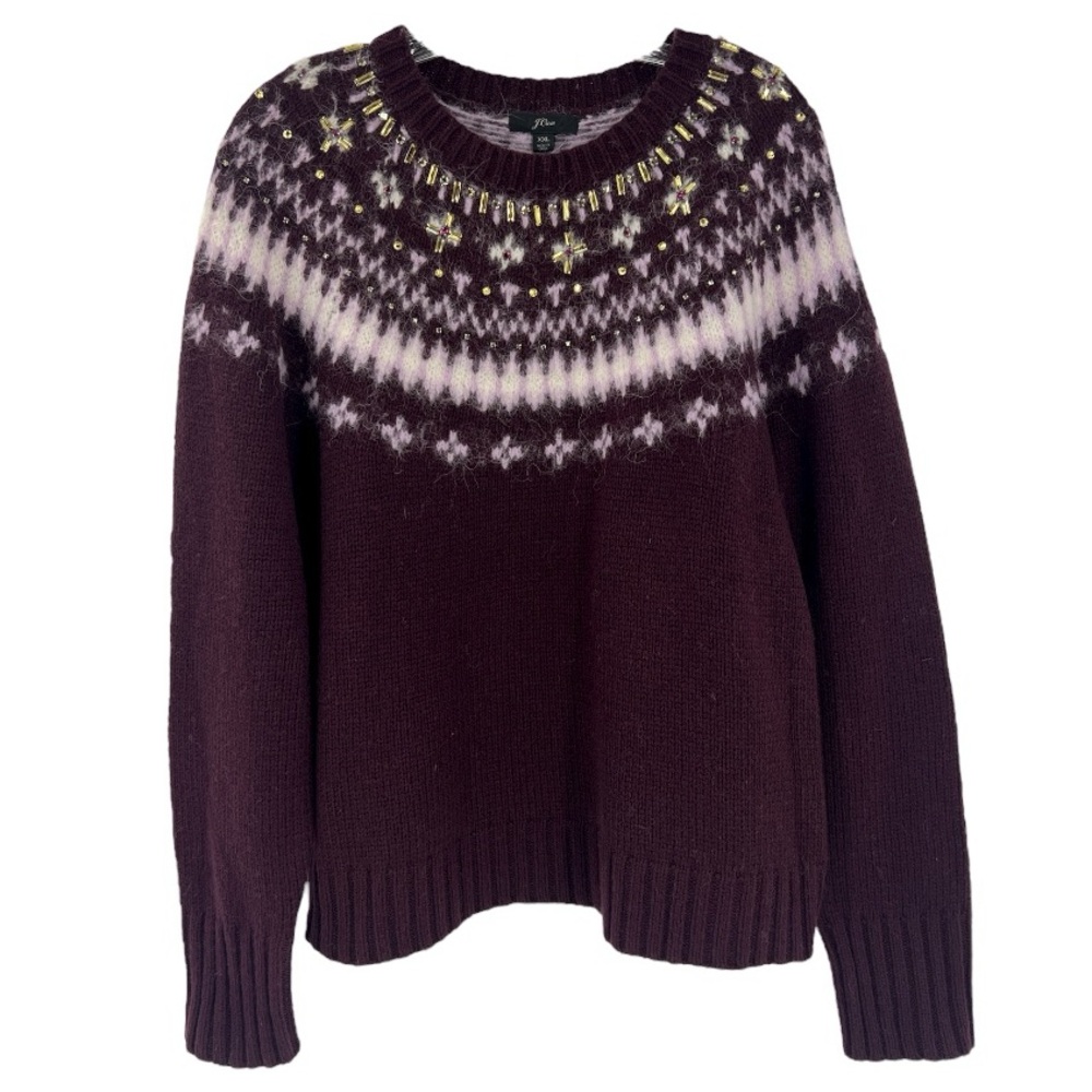NWOT J.Crew Jeweled Embellished Fair Isle Crewneck Sweater Wine SZ XXL